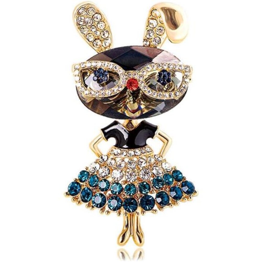 Rhinestone Lady Rabbit Brooch Pin for Women Girls Fashion Gold Plated Crystal